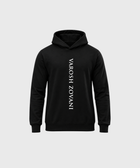 Front view of Falcon black hoodie with vertical white VAROSH ZOVANI lettering