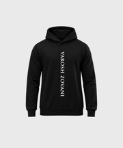 Front view of Falcon black hoodie with vertical white VAROSH ZOVANI lettering