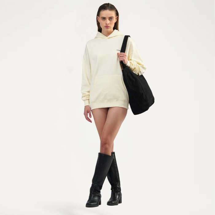 Vanilla White Drop Shoulder Hoodie side view – Varosh Zovani women's collection