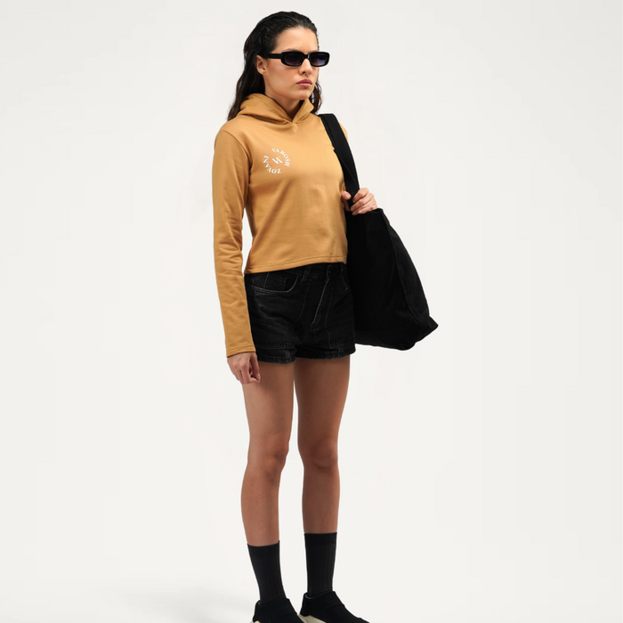 Brown Crop Hoodie side view – 100% cotton luxury streetwear