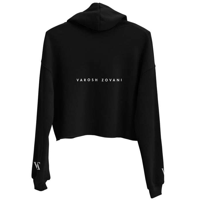 Black Cropped Hoodie back view – raw hem premium cotton